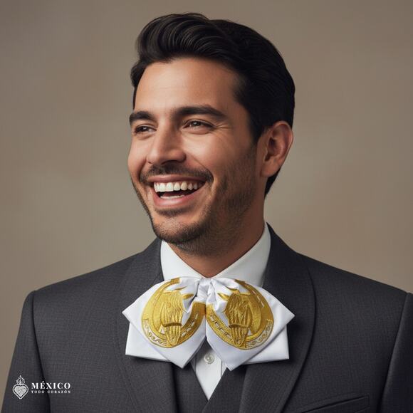 White Mexican Embroidered Charro Moño – Traditional Satin Mariachi Bow Tie - Picture 2 of 6